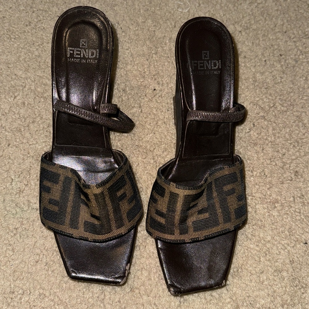 Vintage Fendi Zucca Cutout Wedge Platforms Wedge Strappy Slingback size- 7.5